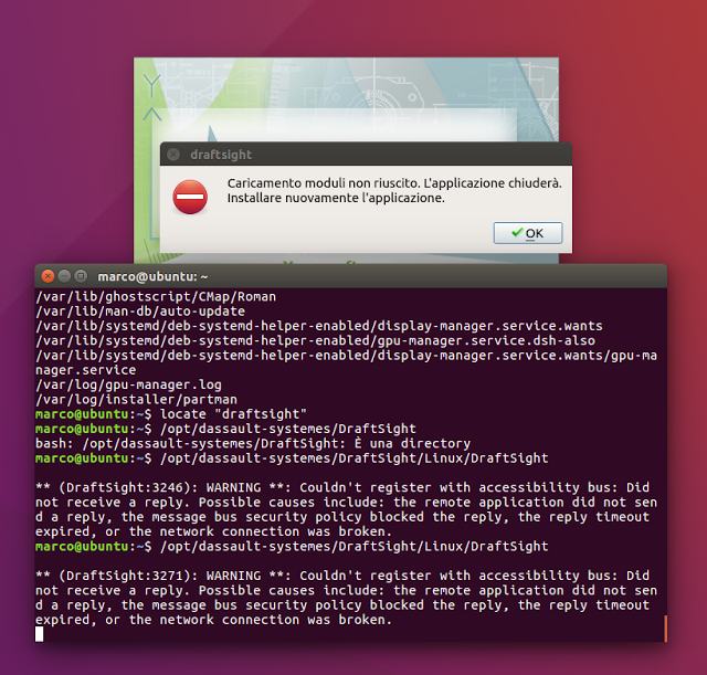 DraftSight e Ubuntu 16.04 LTS: risolvere l'errore "Caricamento moduli non riuscito. L'applicazione chiuderà. Installare nuovamente l'applicazione"
