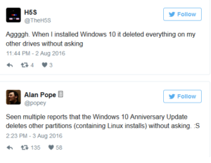 Microsoft cancella le partizioni Linux in dual boot